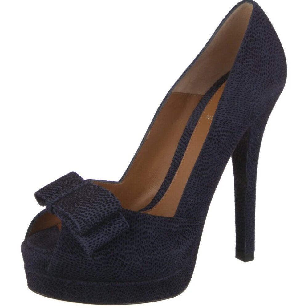 Fendi Navy Blue Suede Peep-Toe Pumps, Bow Detail, Size 8.5, Blue Party Heels